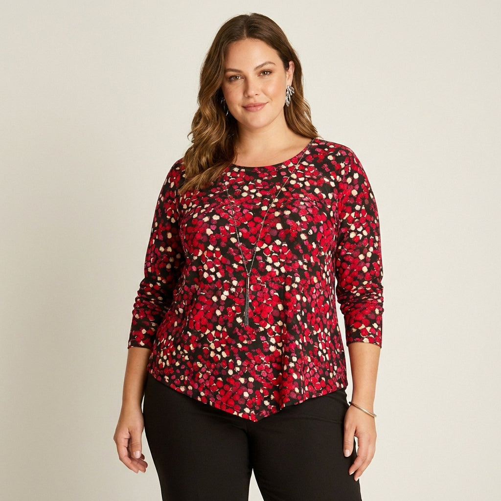 Polera Roja Manga Larga Estampada con Cuello Redondo y Collar